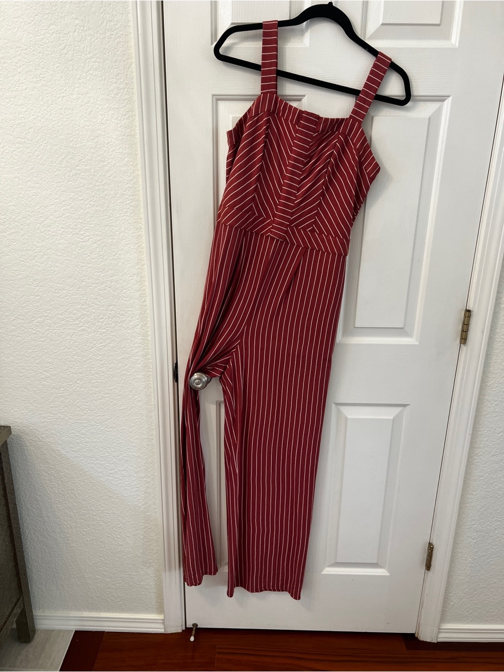 Skies Are Blue Rust/Red & White Striped Square-Neck Jumpsuit (from Dillard’s)